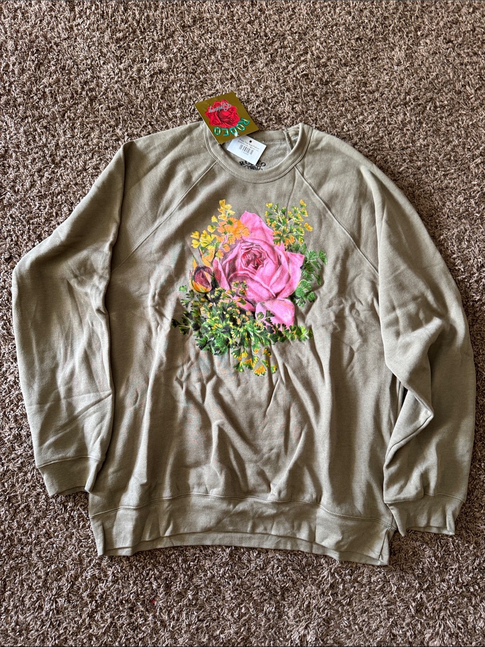 Unknown Brand Tan Sweatshirt with Pink Rose Floral Graphic